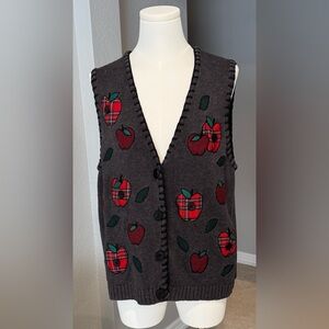 Vintage Mandal Bay Plaid & Checkered Red & Black Apple Fruit & Leaves Vest